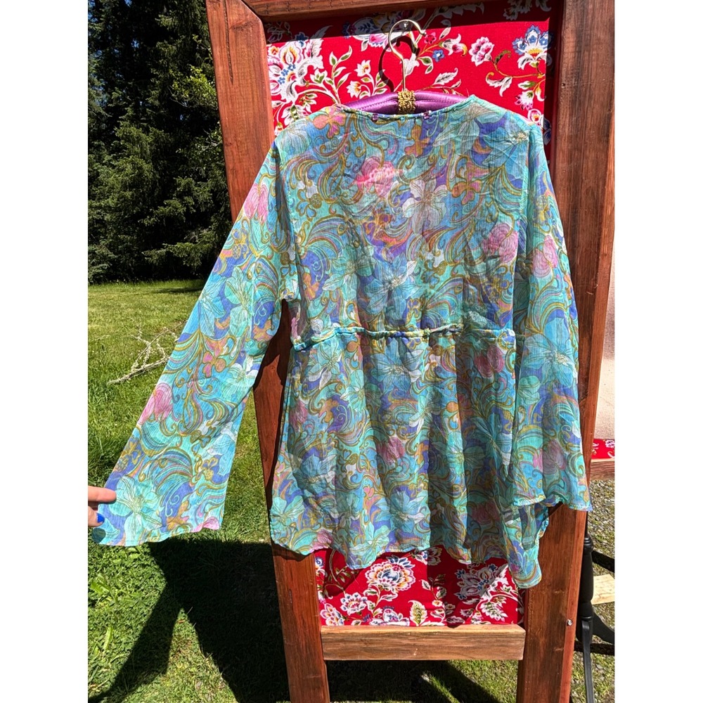 Turquoise Flare Sleeve Sheer Psychedelic Pastel Jeweled Babydoll Blouse - Picture 2 of 15